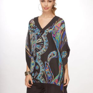 Resort Printed V Neck Batwing Abstract Blouse