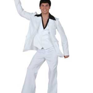 Retro Costume Disco 1970s Halloween Men White Outfit Waistcoat Jacket Pants Belt 4 Piece