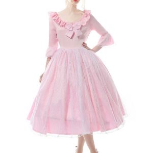 Retro Costume Pink Lace Vintage Lolita Dress Halloween Victorian Costume