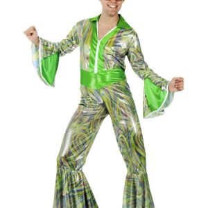 Retro Disco Costume 1970s Halloween Men Shiny Green Jumpsuits