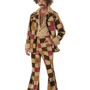 Retro Disco Costume Halloween 1970s Men Brown Plaid Outift Shirts Pants And Jacket