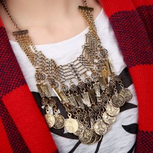 Retro Ethnic Turkish Indian Bohemian Style Jewelry Carving Coin Pendant Tassels Necklace Vintage Antique Chunky Metal Chocker