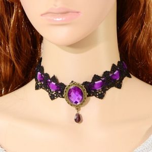 Retro Gothic Lace Collar Necklace with Crystal Stone & Pendant Extended Chain Fashional Accessories