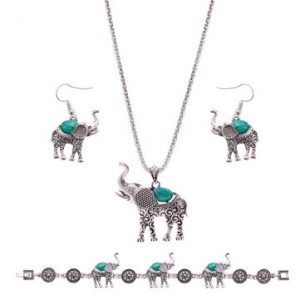 Retro Jewelry Set Cute Elephant Turquoise Necklace Earrings Bracelet Set