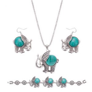 Retro Jewelry Set Elephant Green Turquoise Earrings Necklace Bracelet Set