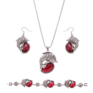 Retro Jewelry Set Fish Red Turquoise Necklace Earrings Bracelet Set