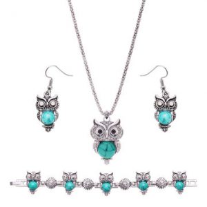 Retro Jewelry Set Owl Green Turquoise Earrings Necklace Bracelet Kit