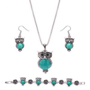 Retro Jewelry Set Owl Green Turquoise Necklace Earrings Bracelet Kit