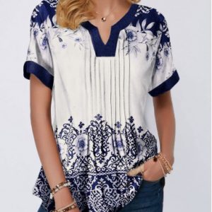 Retro Print Split Neck Pleated Blouse - XXL