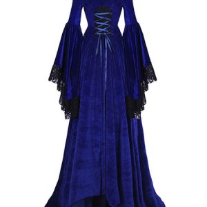 Retro Victorian Costume Dress Medieval Renaissance Velour Royal Women Vintage Gown Halloween