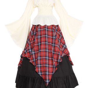 Retro Victorian Costume Long Sleeve Plaid Medieval Dresses Halloween