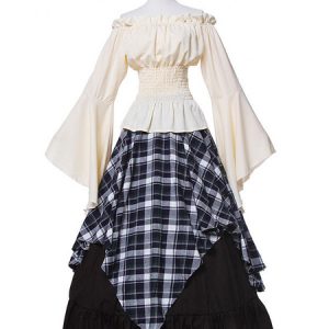 Retro Victorian Costume Long Sleeve Plaid Medieval Dresses Halloween