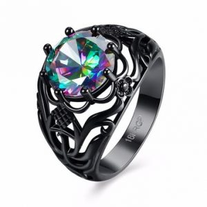 Retro Women Ring Black Hollow Pattern Rainbow Zircon Ring