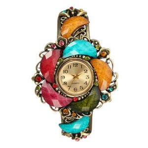 Retro Women Watch Vintage Cloisonne Flower Rhinestone Crystal Bracelet Watch