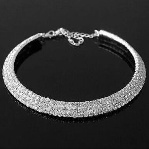 Rhinestone Decorated Silver Metal Choker Necklace - One Size