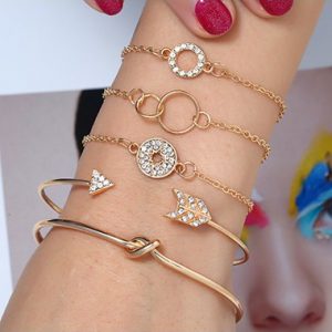 Rhinestone Embellished Geometric Shape Gold Metal Bracelet Set - One Size