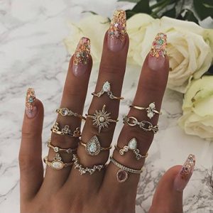 Rhinestone Embellished Gold Metal Ring Set - One Size