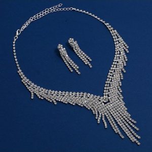 Rhinestone Embellished Silver Metal Necklace Set for Lady - One Size