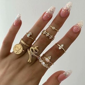 Rhinestone Embellished Snake Design Gold Metal Ring Set - One Size