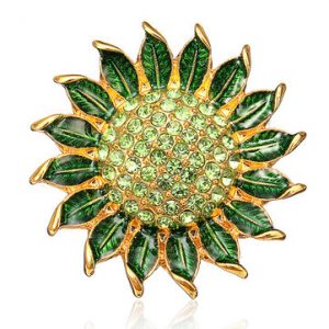 Rhinestone Green Enamel Sunflower Shaped Brooch