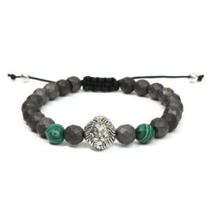 Rock Men Bracelet Green Malachite Gemstone Faceted Matte Hematite Lion Head Beaded Bracelet