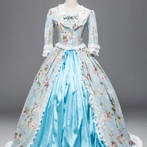 Rococo Halloween Costume Blue Lace Ruffles Floral Print Long Party Dresses Halloween