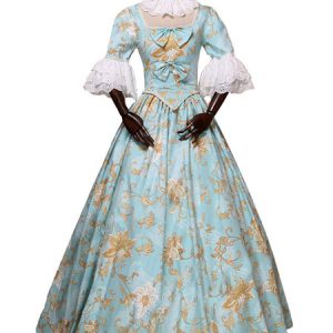 Rococo Retro Costumes Bow Floral Print Marie Antoinette Costume Women Vintage Clothing