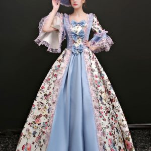 Rococo Vintage Costume Women's Illusion Blue Jacquard Long Dresses