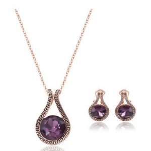 Rose Gold Carved Crystal Necklace Earrings Jewelry Set