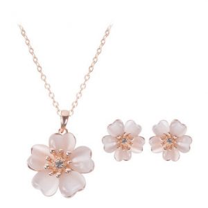 Rose Gold Crystal Opal Flower Wedding Necklace Earrings Jewelry Set