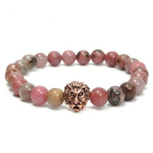 Rose Gold Plated Lion Head Pink Black Rhodonite Men Bracelet