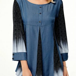 Round Neck Three Quarter Sleeve Printed Blouse - XL