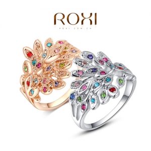 Roxi New Fashion Hot Charm Gold Plated Ring with Colorful Zircons Rhinestone Crystal for Women Girls Party Gift