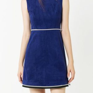 Royal Blue A-line Simple Crew Neck Suede Mini Dress