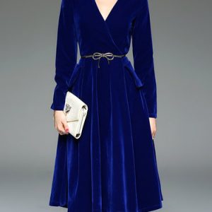 Royal Blue Elegant Swing Solid Midi Dress With Belt