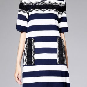 Royal Blue H-line Printed Stripes Simple Lace Paneled Mini Dress