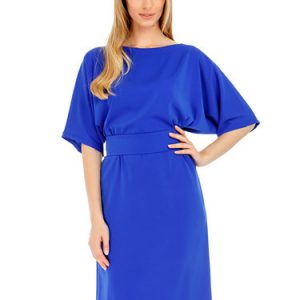 Royal Blue Half Sleeve Cotton-blend H-line Midi Dress with Belt