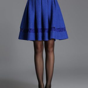 Royal Blue Lace Paneled Folds Plain A-line Midi Skirt