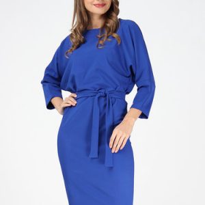 Royal Blue Simple Solid H-line Midi Dress with Belt