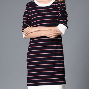 Royal Blue Stripes Long Sleeve H-line Crew Neck Midi Dress