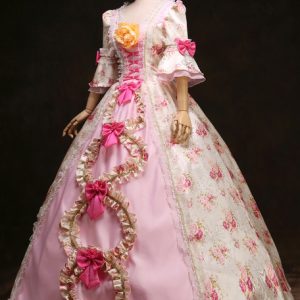 Royal Retro Costume Women's Rococo Ball Gown Pink Floral Ruffle Bows Vintage Princess Costume Halloween