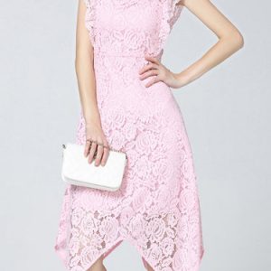 Ruffled Asymmetrical Crew Neck Girly Sleeveless Lace Midi Dress