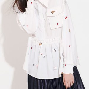 Ruffled Embroidered Casual Shirt Collar Long Sleeved Top