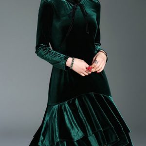 Ruffled Flounce Long Sleeve Solid Elegant Midi Dress