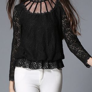 Ruffled Long Sleeve Mesh Paneled H-line Blouse