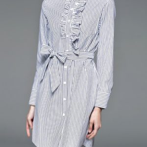 Ruffled Stripes Long Sleeve Shirt Dress