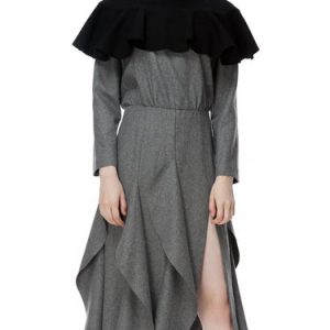 Ruffled Turtleneck Asymmetrical Wool Blend Midi Dress