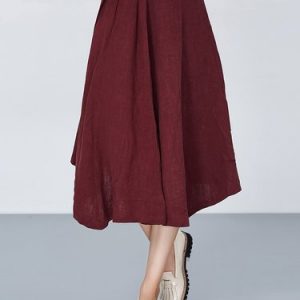 Rust Casual Ramie Cotton A-line Folds Midi Skirt