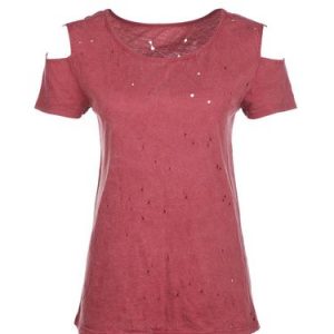 Rust Cotton Holes Cold Shoulder T-Shirt