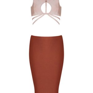 Rust Cutout Sleeveless Two Piece V Neck Party Dress